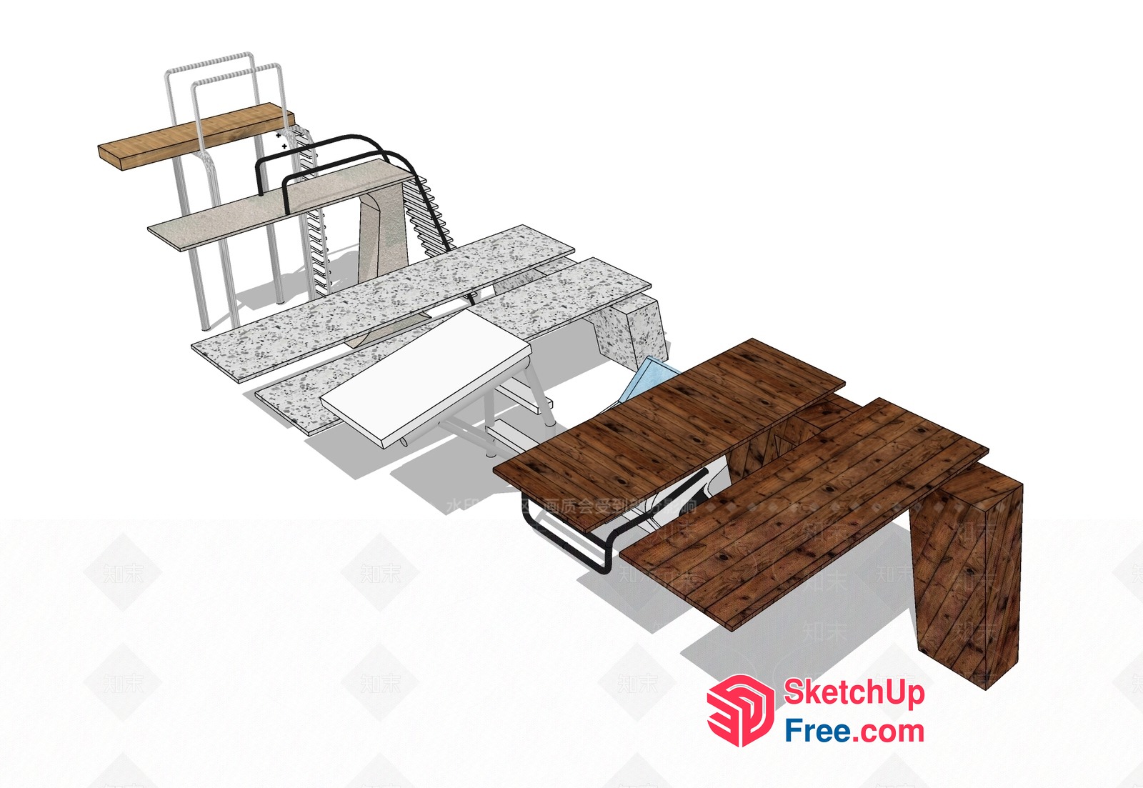 3D Rendering Of A Staircase And Wooden Table Set 3D SketchUp File