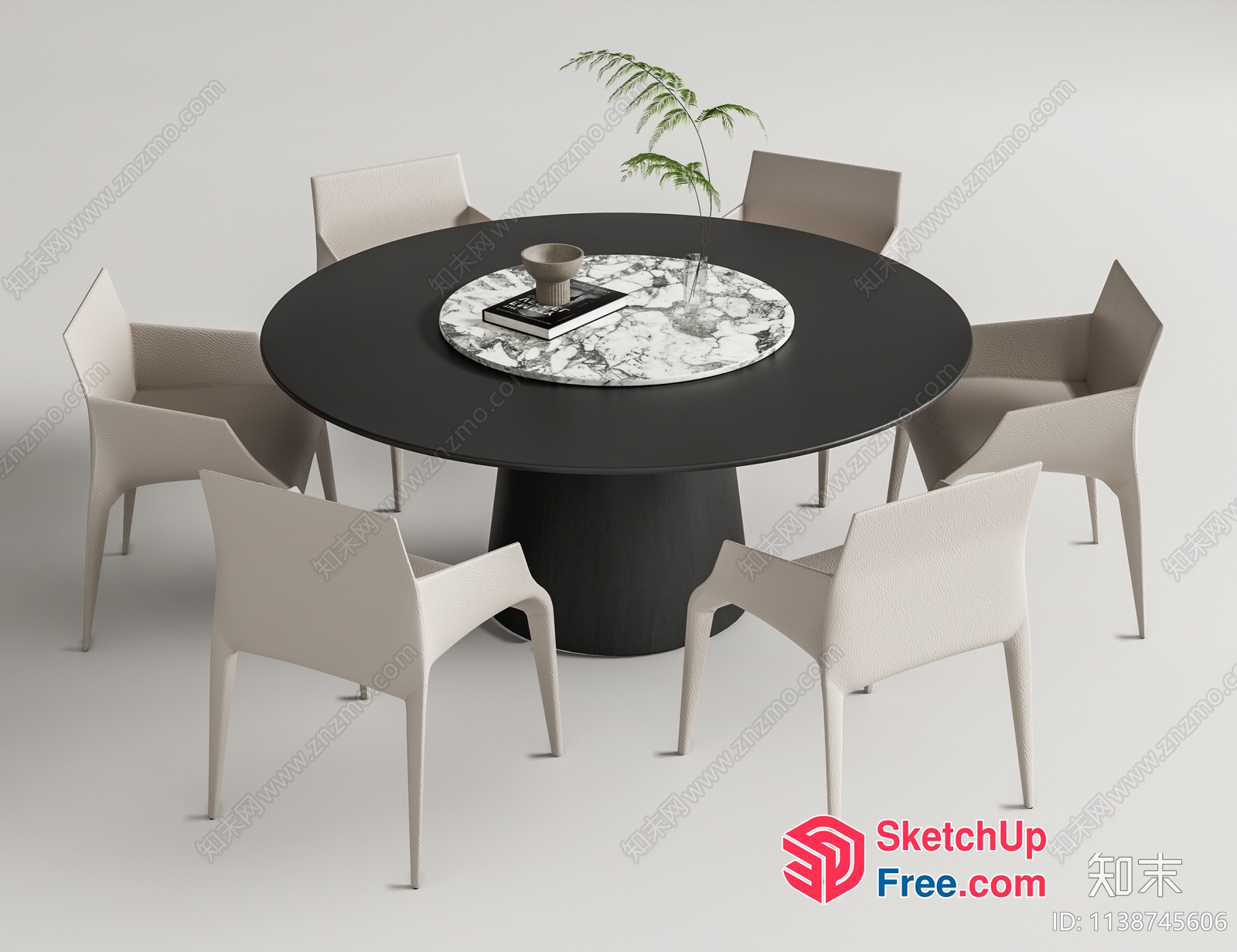 Round Dining Table With Marble Center And Modern Chairs 3D SketchUp File