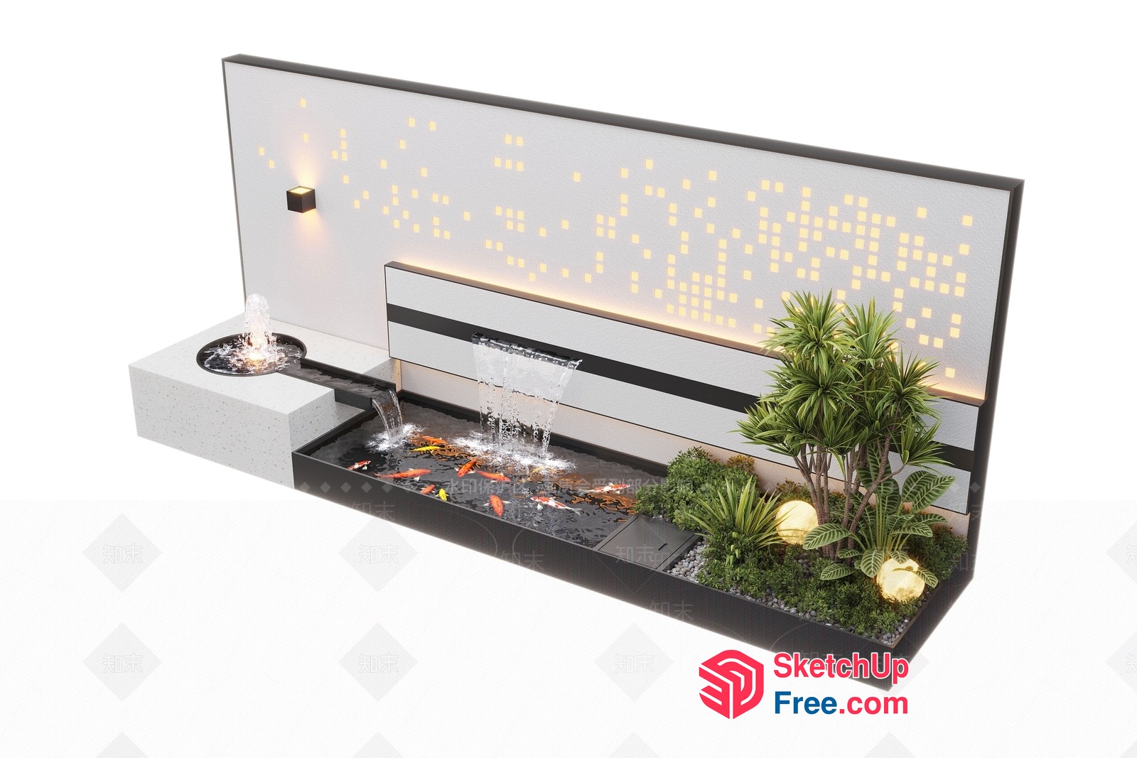 Modern Water Feature With Koi Pond And Plants 3D SketchUp File