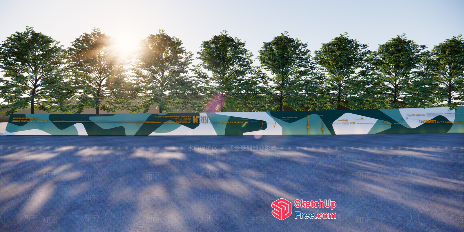 Sunlit Trees And Concrete Pathway 3D SketchUp File
