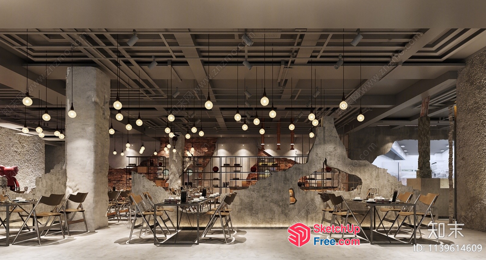 Modern Industrial Style Restaurant Interior With Unique Lighting 3D SketchUp File