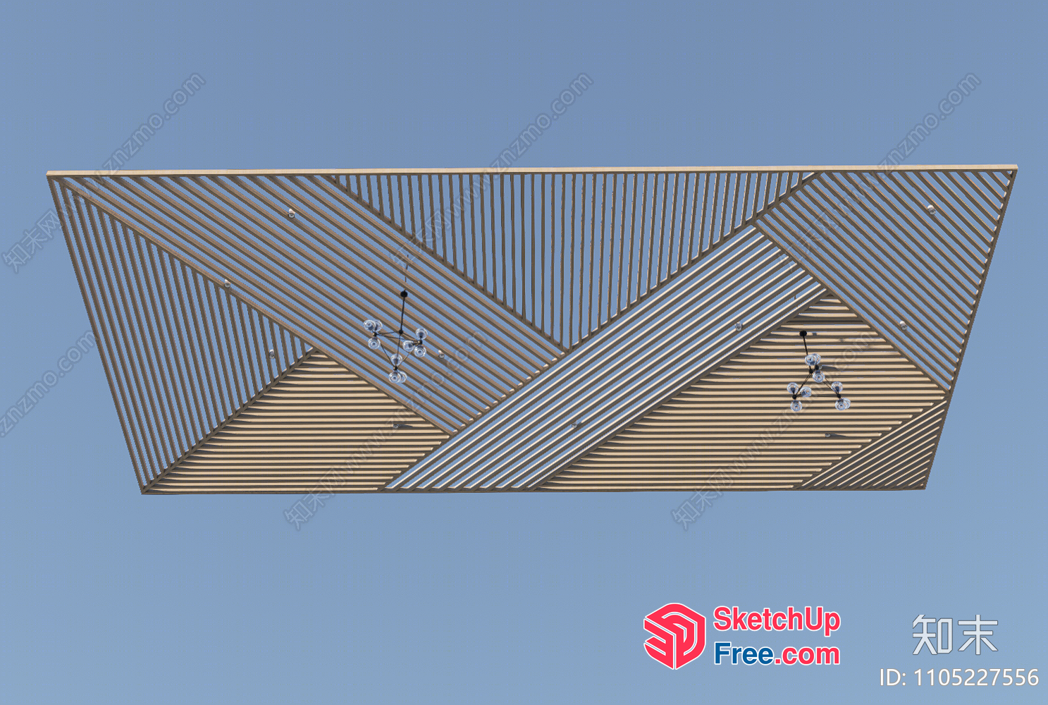 Ceiling Detail With Diagonal Slatted Patterns And Chandeliers 3D SketchUp File