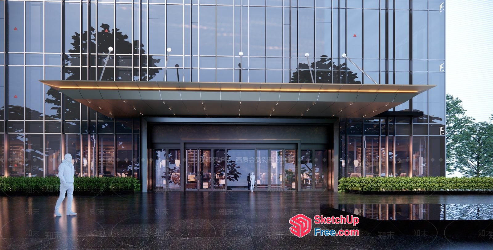 Contemporary Glass Curtain Wall Office Building Entrance 3D SketchUp File