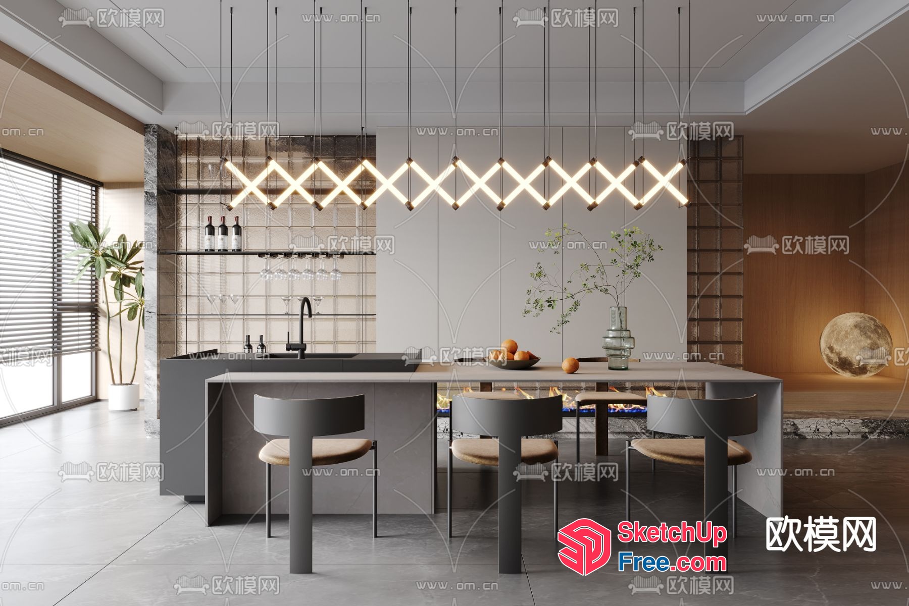 Modern Kitchen Island With Pendant Lights 3D SketchUp File