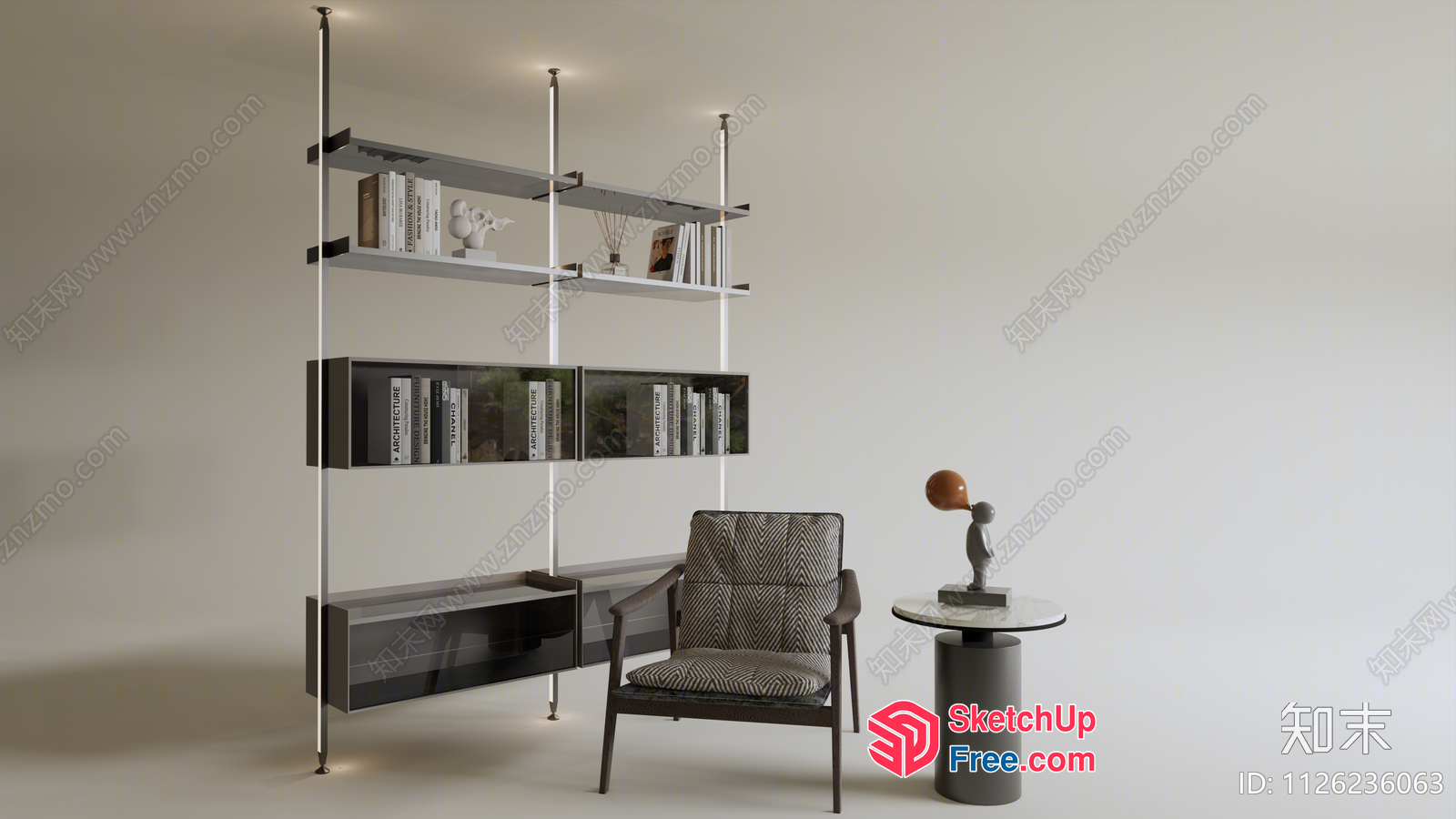 Minimalist Bookcase And Chair Arrangement 3D SketchUp File