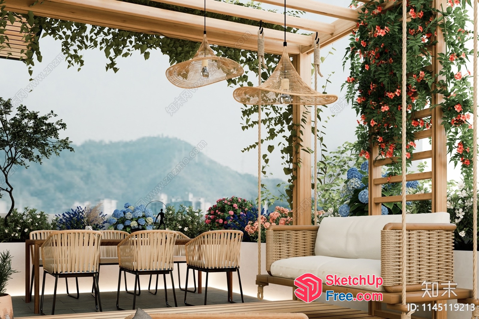 Outdoor Swing With Rattan Furniture And Lush Greenery 3D SketchUp File