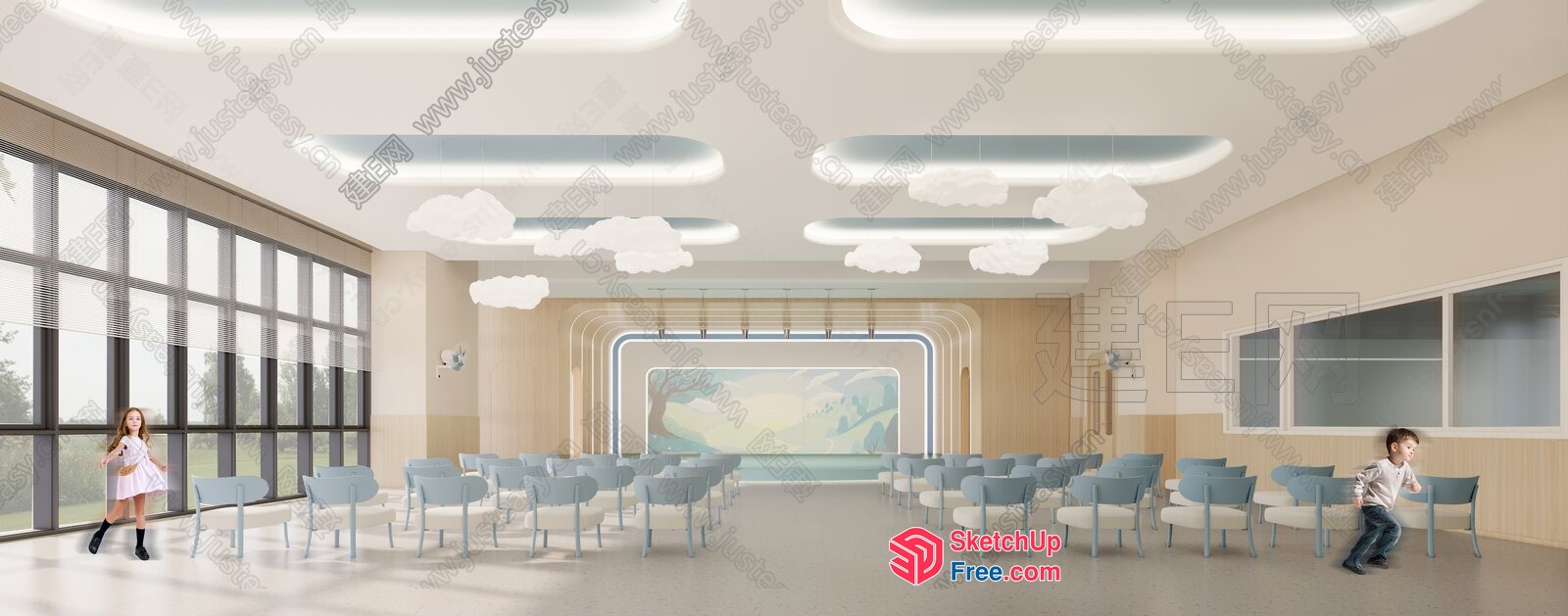 Modern Classroom With Large Windows And Cloud-Like Ceiling Lights 3D SketchUp File