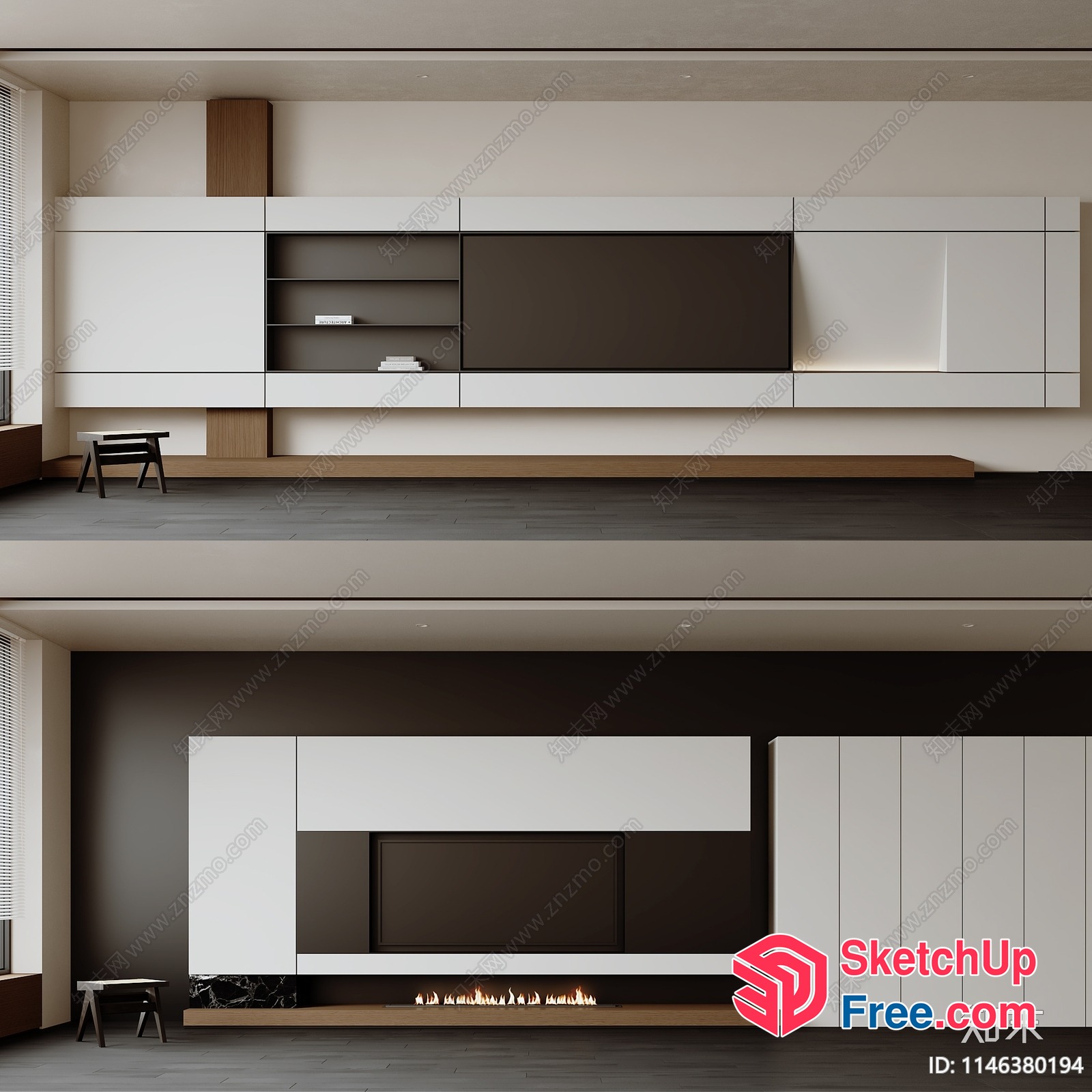 Modern Minimalist Fireplace And Shelving Unit 3D SketchUp File