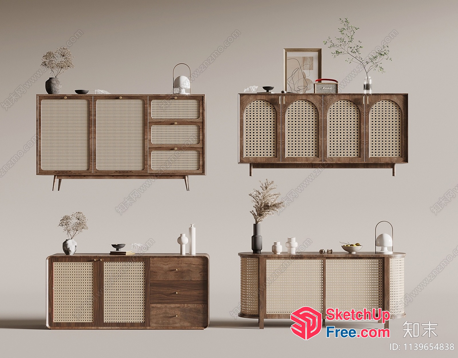 Mid-Century Modern Sideboards With Rattan Accents 3D SketchUp File