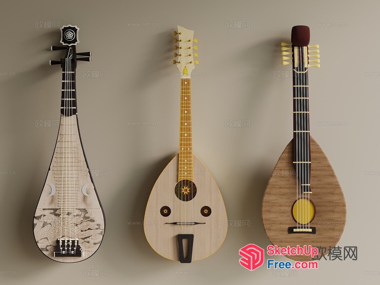 Three Musical Instruments Hanging On The Wall 3D SketchUp File
