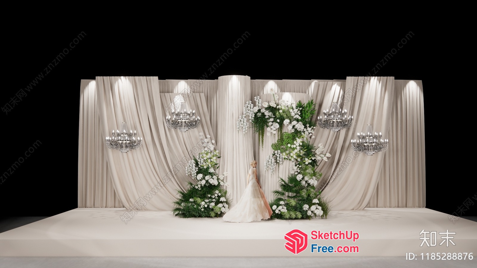 Elegant Wedding Stage With White Drapes And Floral Decor 3D SketchUp File