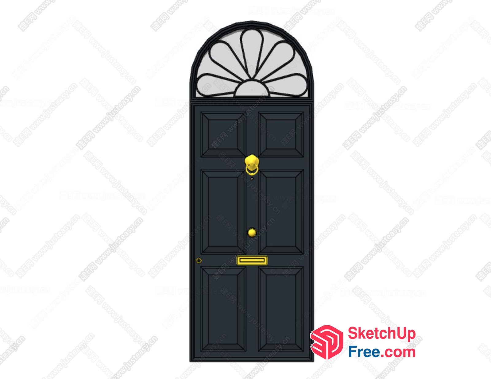 Ornate Black Door With Gold Hardware And Decorative Top 3D SketchUp File