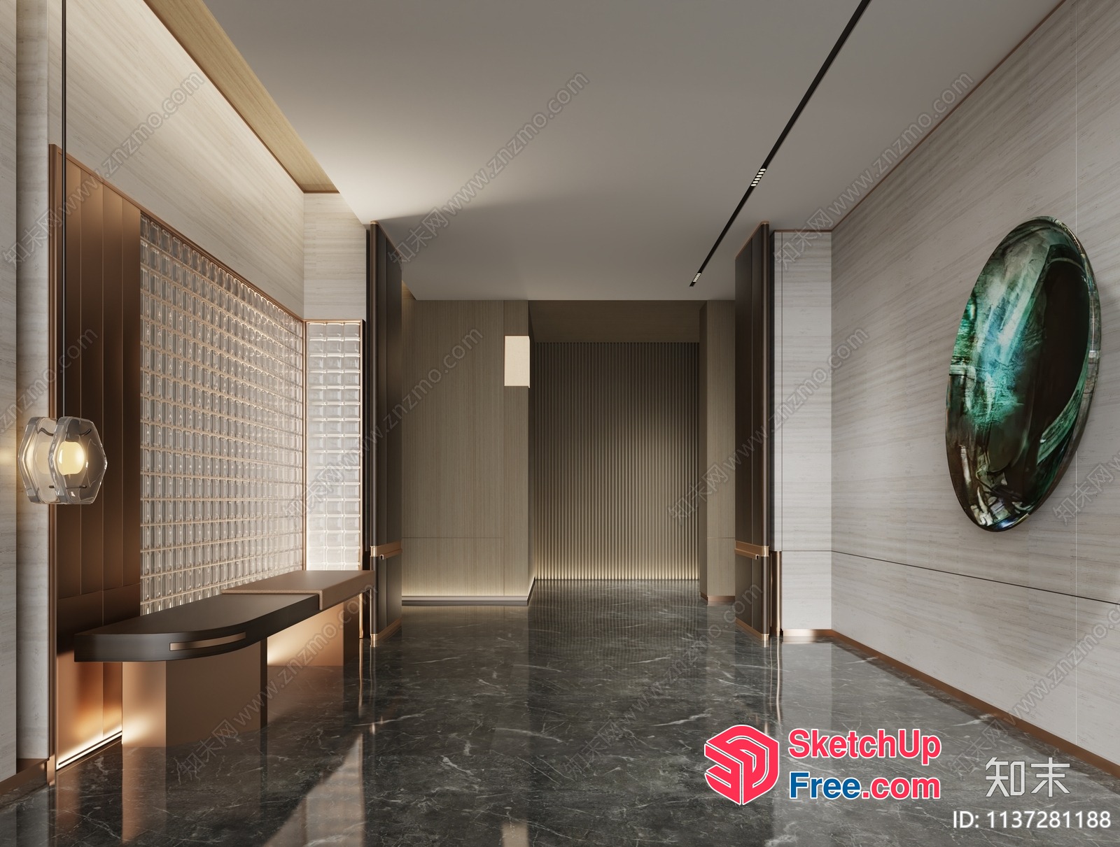 Marble Floor Hallway With Modern Furniture 3D SketchUp File
