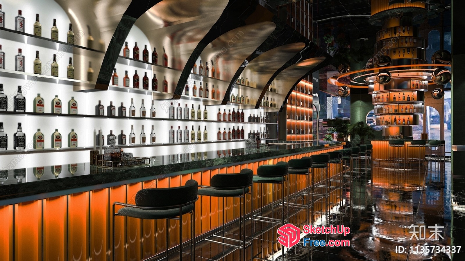 Luxurious Bar Interior With Sleek Bar Stools And Polished Floors 3D SketchUp File