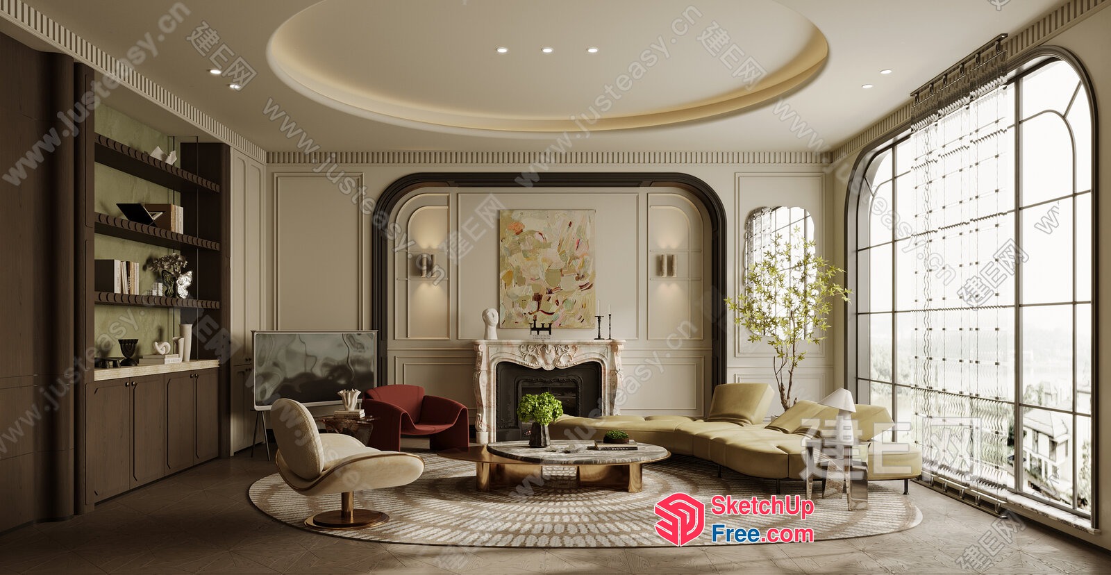 Elegant Living Room With Fireplace And Large Windows 3D SketchUp File
