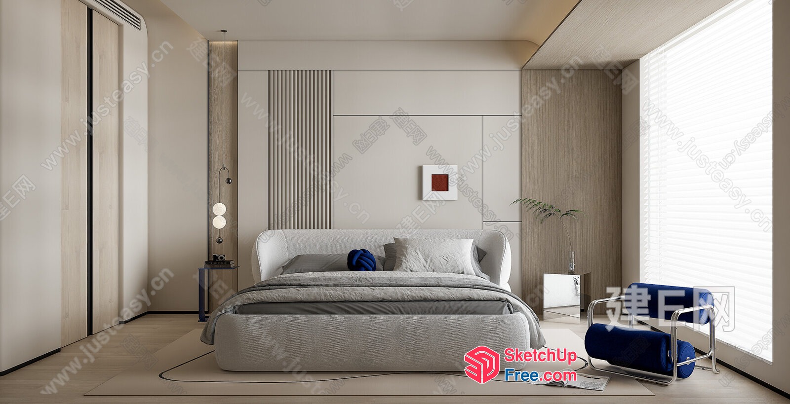Modern Minimalist Bedroom With White And Gray Decor 3D SketchUp File