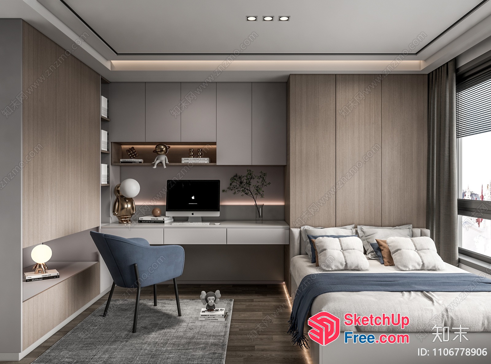 Minimalist Nordic Style Bedroom With Desk And Bed 3D SketchUp File