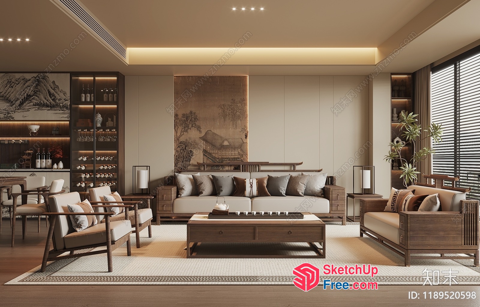 Modern Living Room With Natural Wood Accents 3D SketchUp File