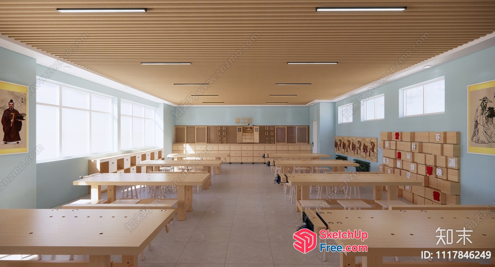 Classroom With Light Blue Walls And Wooden Furniture 3D SketchUp File