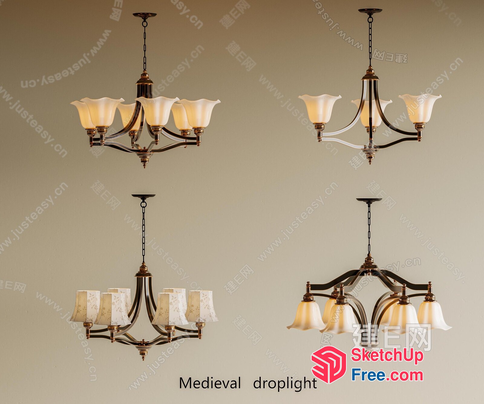 Medieval Style Chandelier With White Glass Shades 3D SketchUp File
