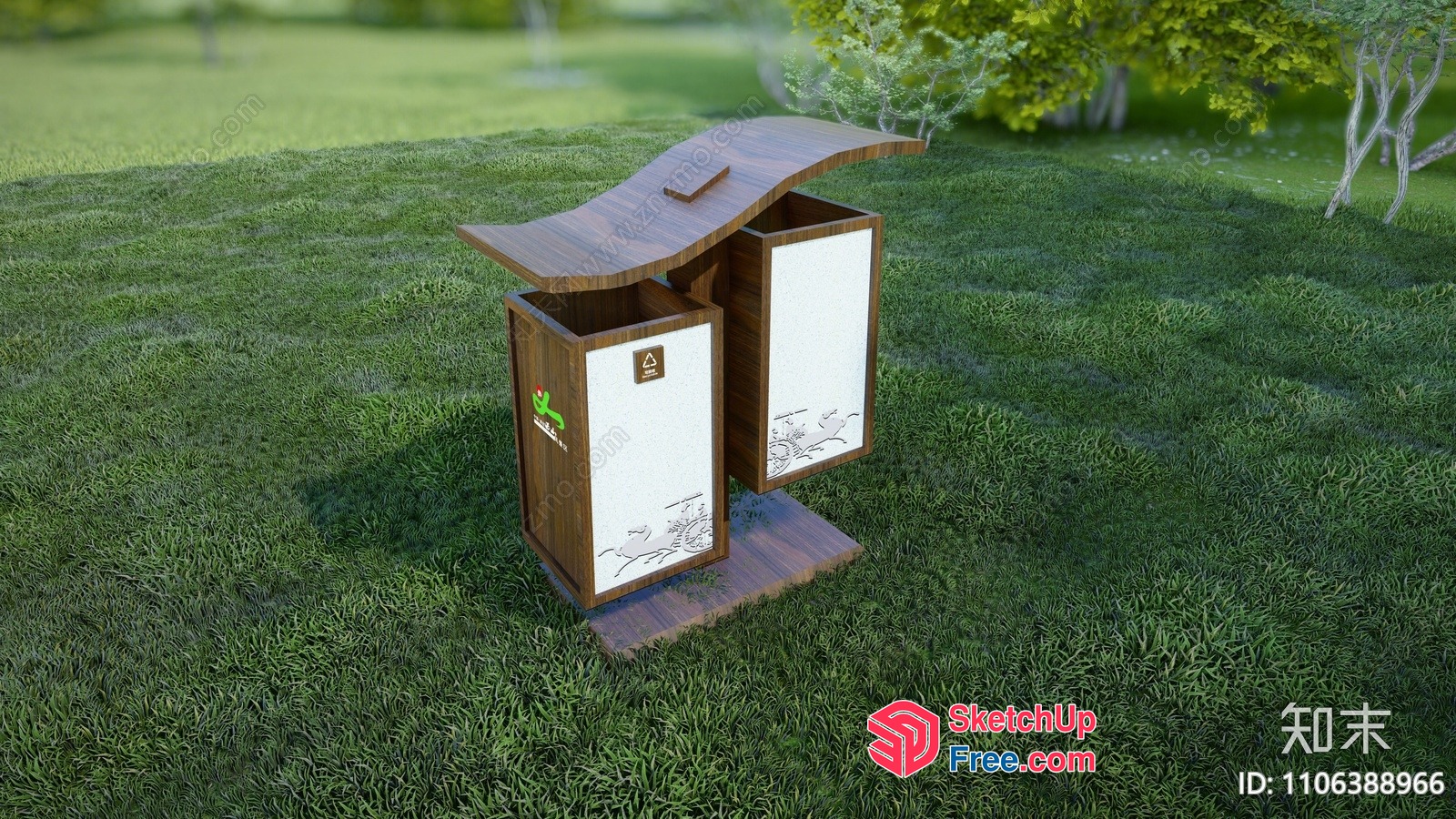 Wooden Trash Bin And Recycling Bin On A Lawn 3D SketchUp File