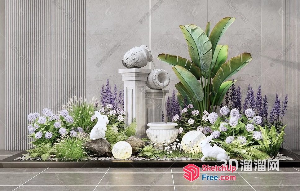 White Rabbits Amongst Blooming Flowers And Greenery 3D SketchUp File