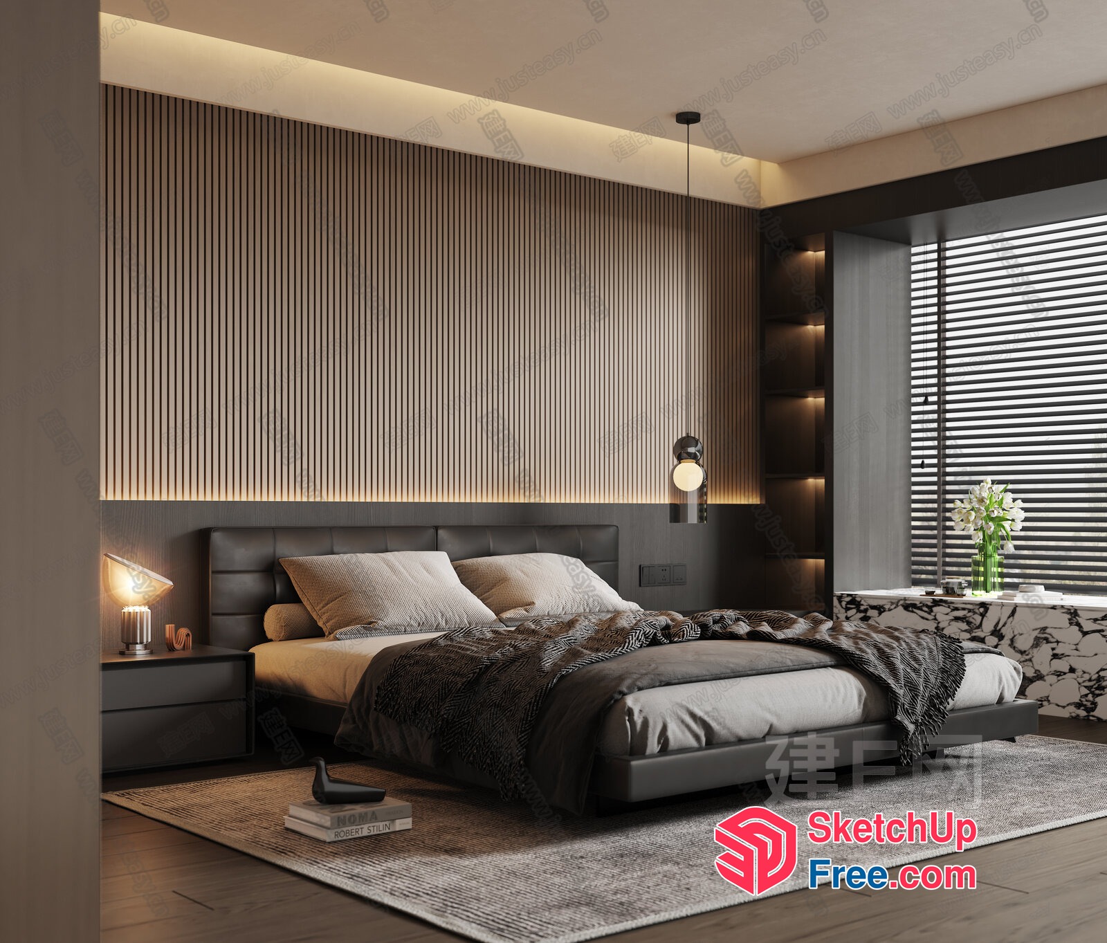 Modern Bedroom With Dark Accent Wall And White Ceiling 3D SketchUp File