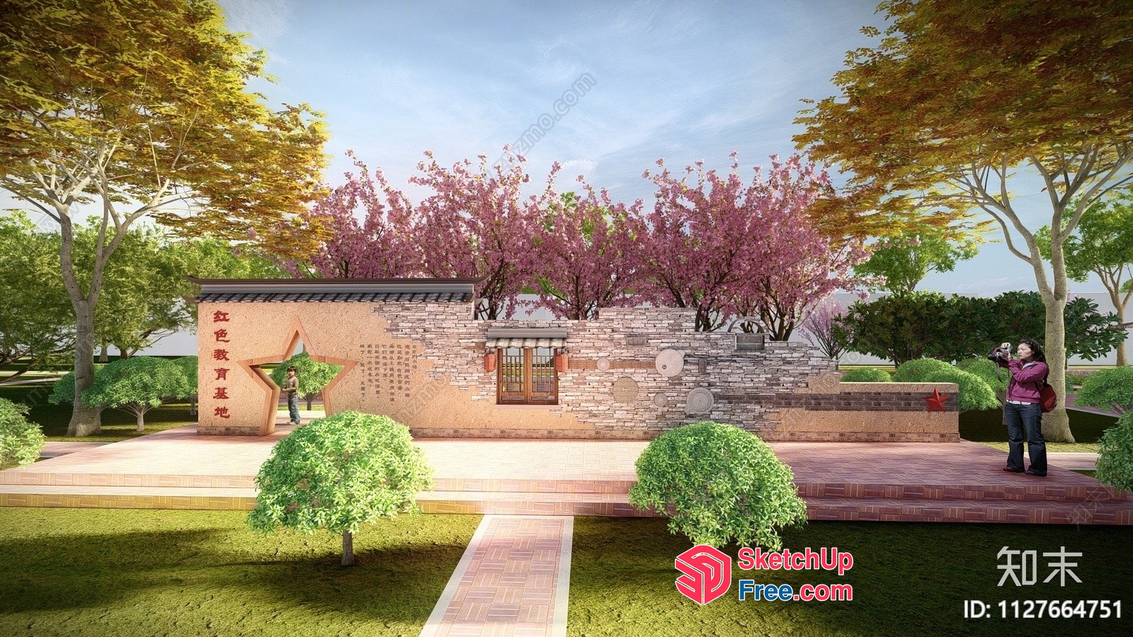 Asian-Style Exterior With Traditional Decorations And Cherry Blossoms 3D SketchUp File