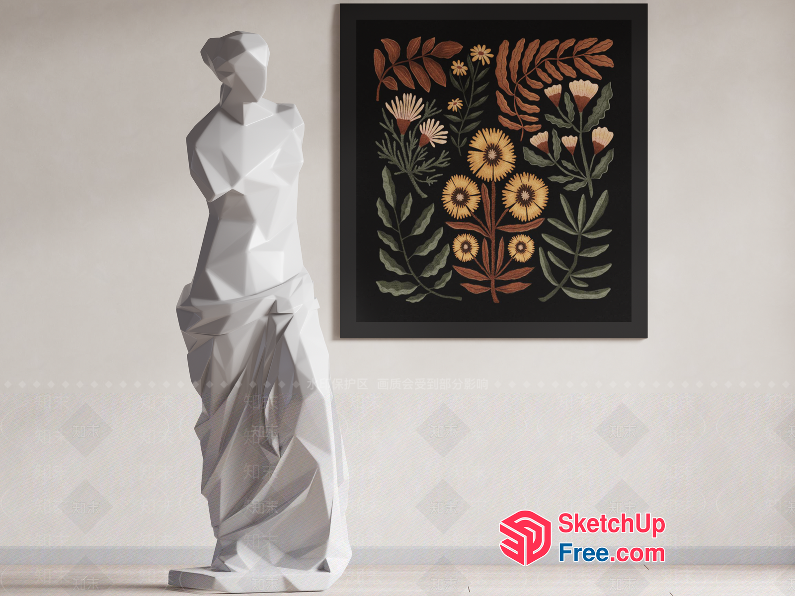 Low-Poly White Statue And Floral Artwork 3D SketchUp File