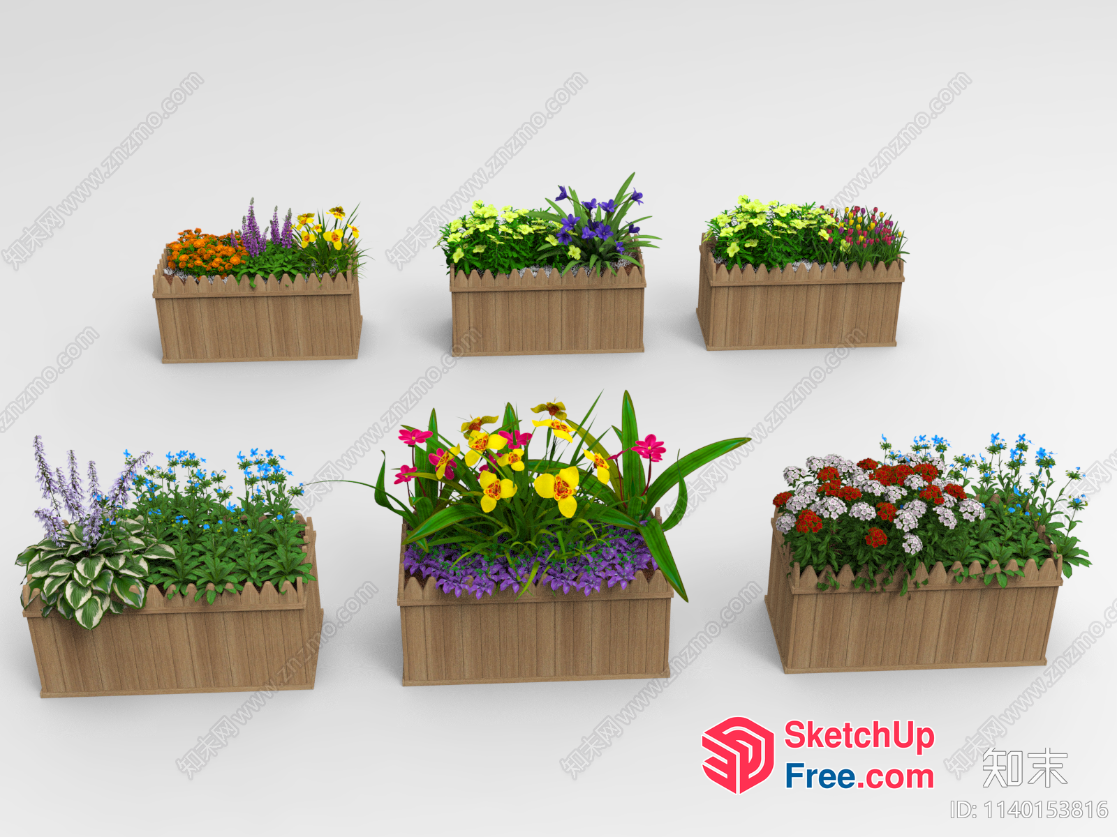 Vibrant Flower Arrangements In Wooden Boxes 3D SketchUp File