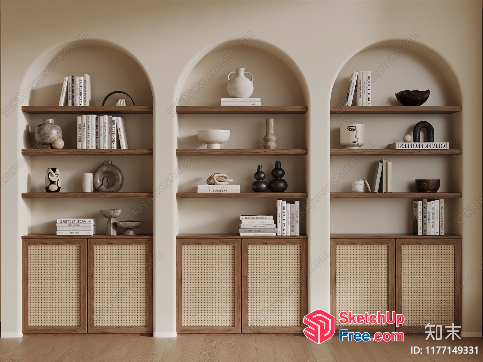 Modern Shelving Unit With Arched Niches And Rattan Cabinets 3D SketchUp File