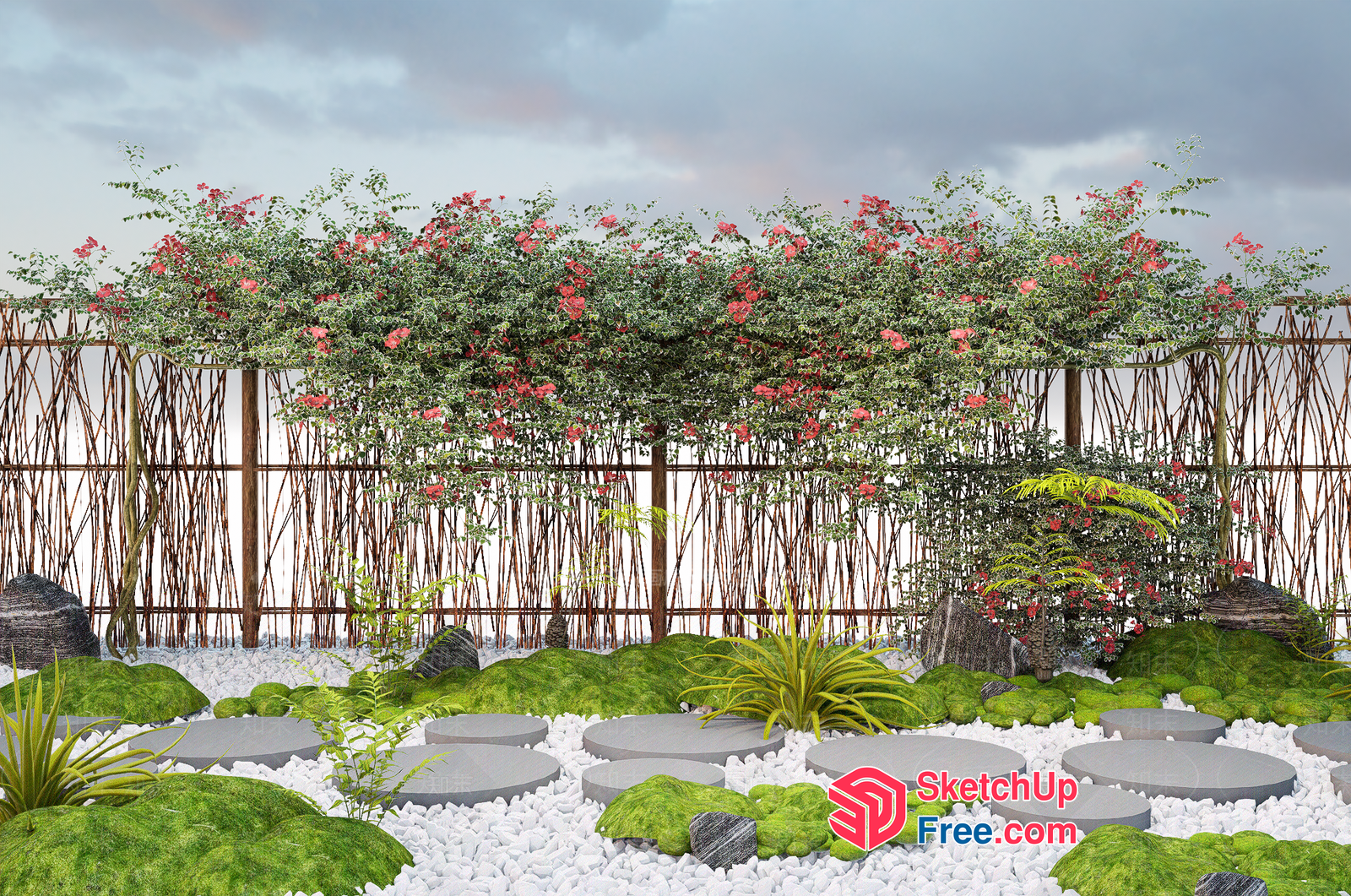 Serene Garden Oasis With Elegant Stone Pathway And Blooming Flowers 3D SketchUp File