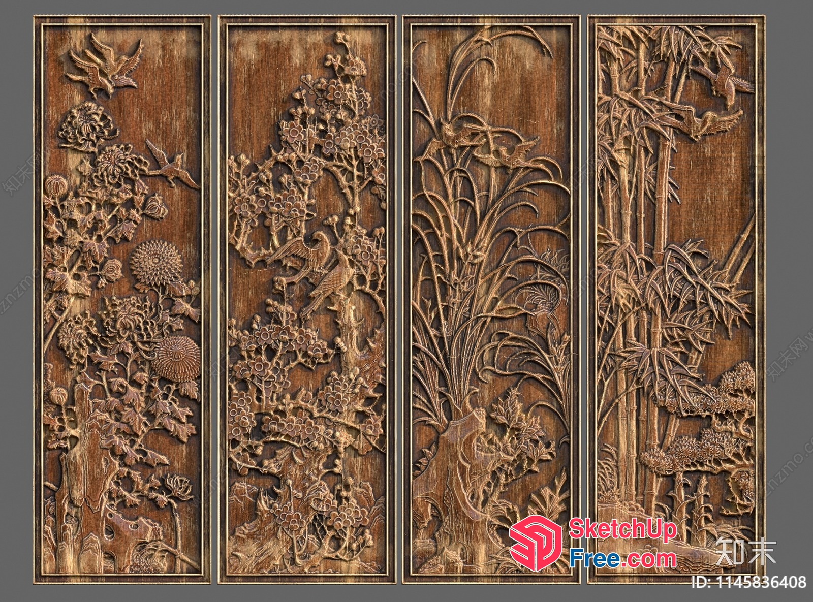 Intricately Carved Wooden Panel With Floral And Bird Design 3D SketchUp File