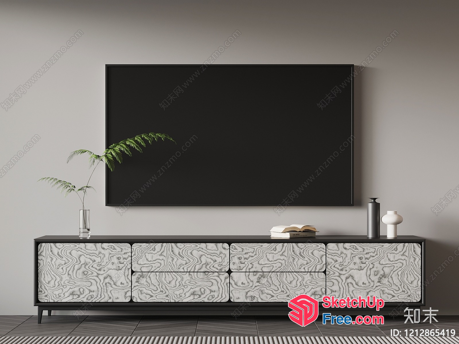 Modern Minimalist Tv Wall With Sideboard And Decor 3D SketchUp File