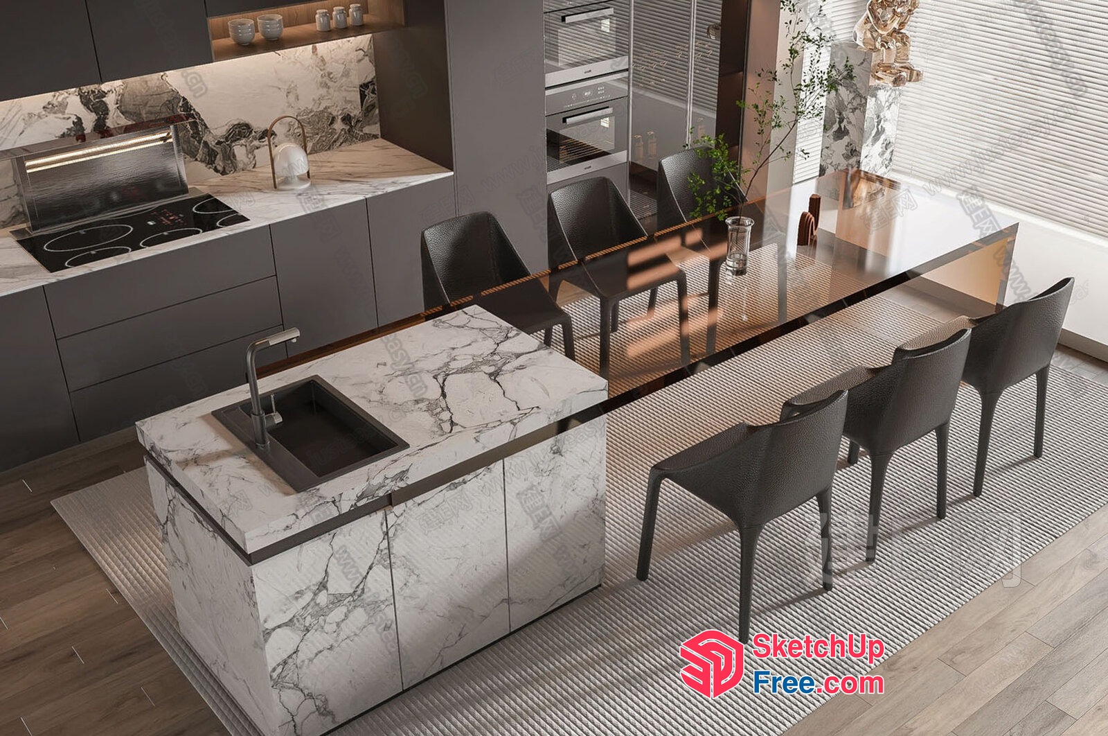 Sleek Modern Kitchen Island And Dining Area 3D SketchUp File