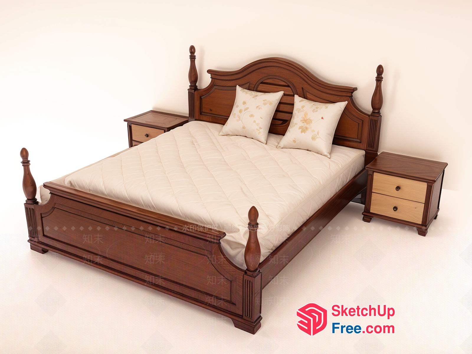 Traditional European-Style Wooden Bed And Nightstands 3D SketchUp File