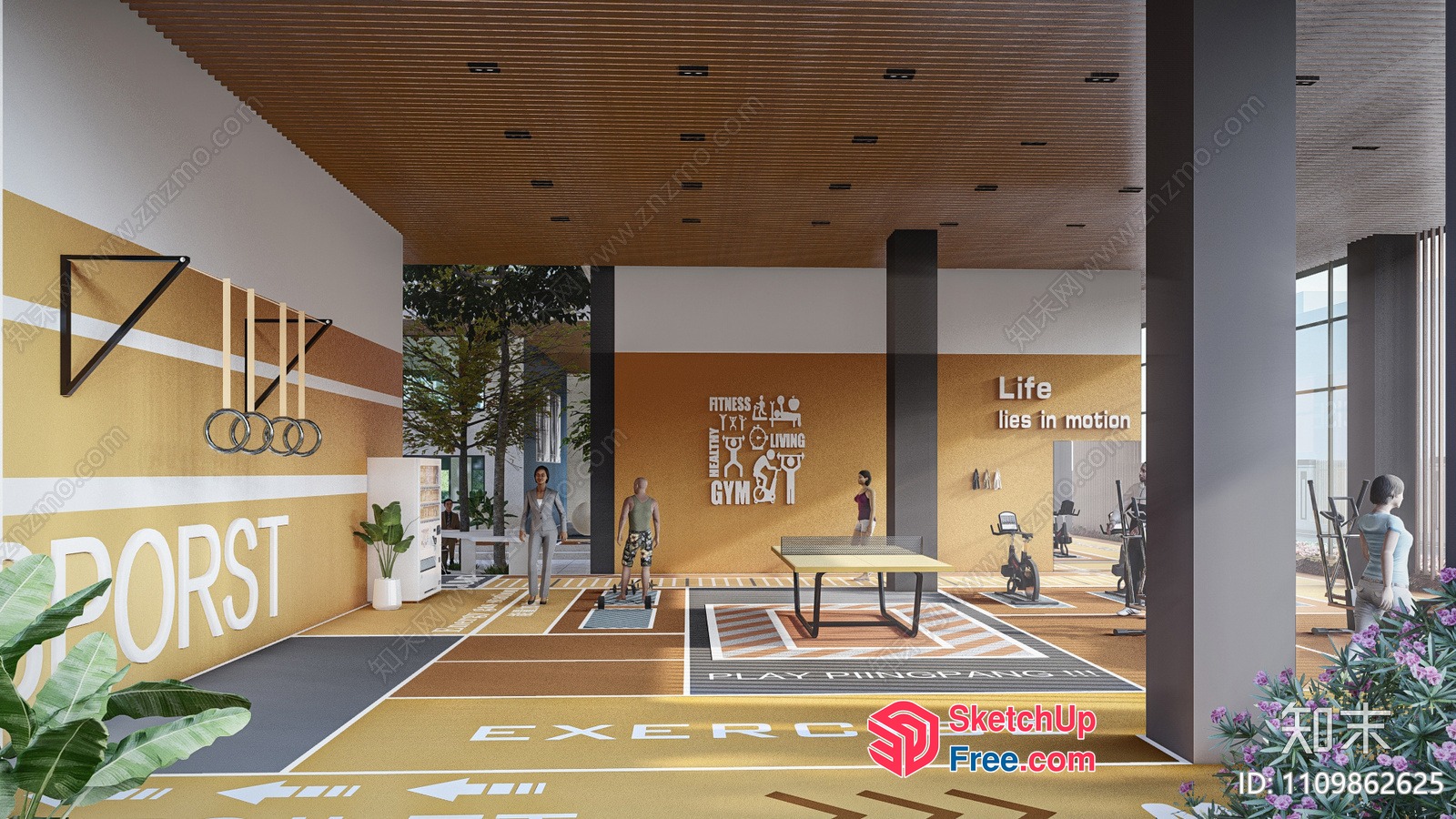 Interior Of A Gym With Exercise Equipment And Decorative Wall Art 3D SketchUp File