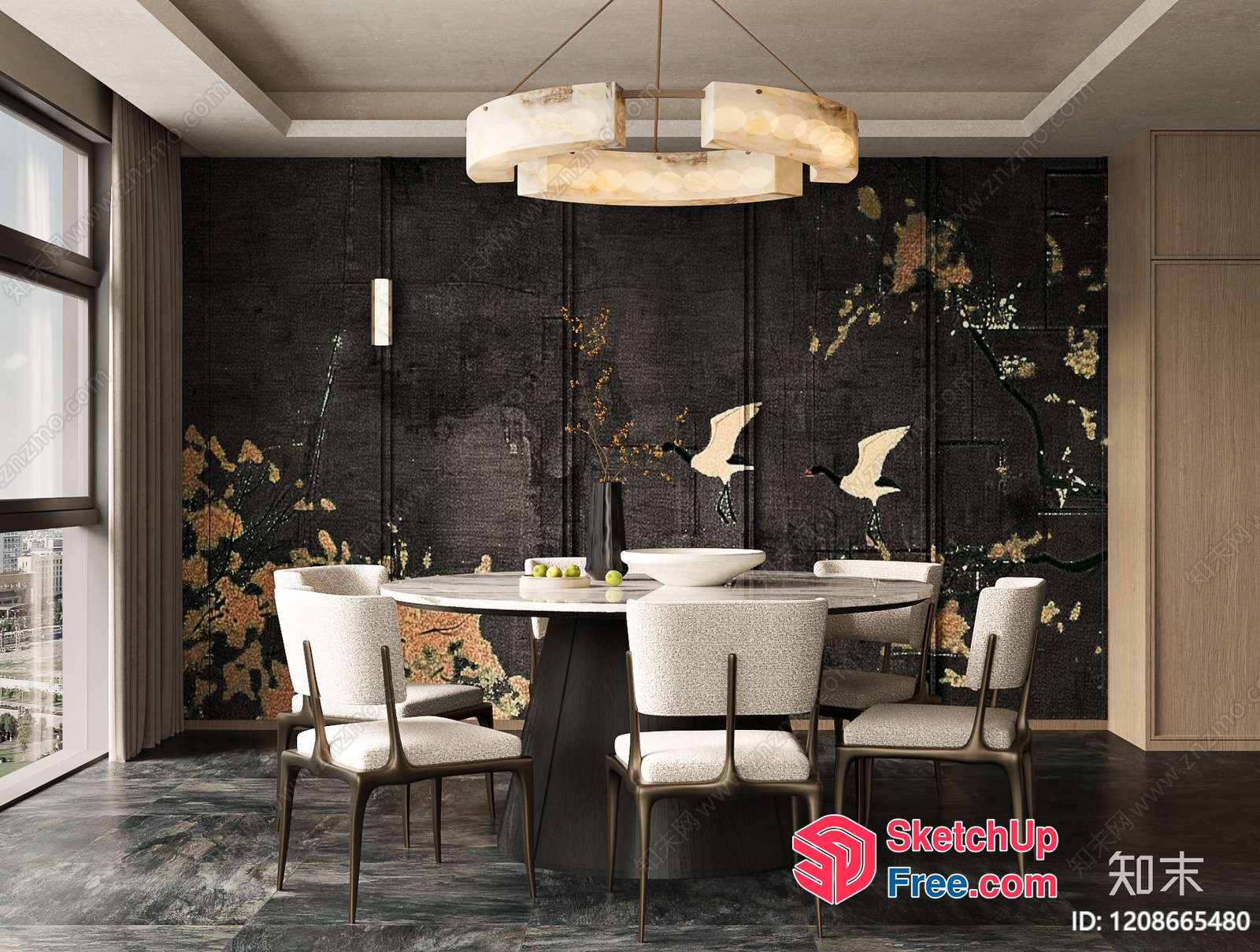 Modern Dining Room With Marble Table And White Chairs 3D SketchUp File