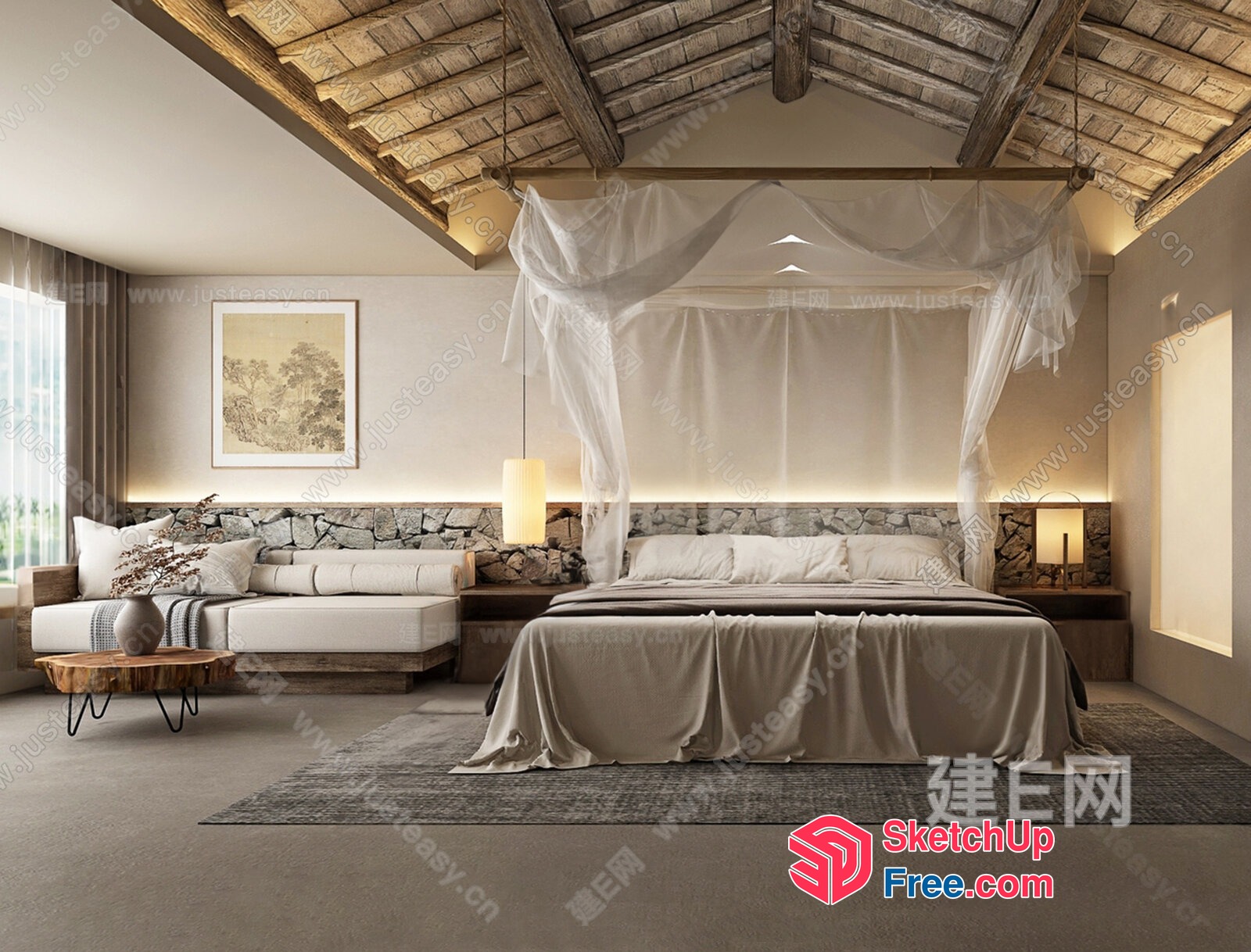 Elegant And Cozy Bedroom With Vaulted Ceiling 3D SketchUp File