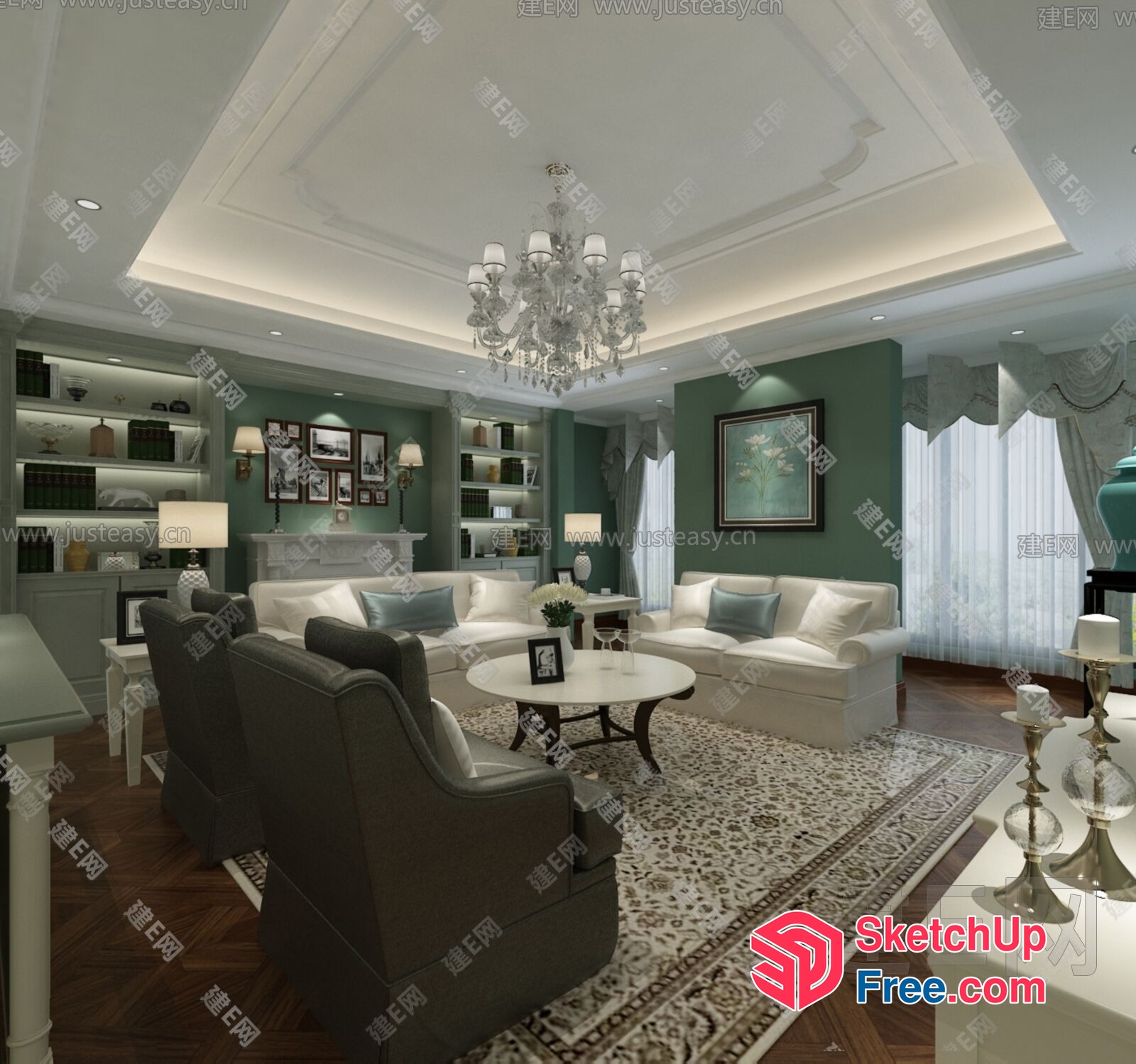 Elegant Living Room With White Furniture And Green Walls 3D SketchUp File