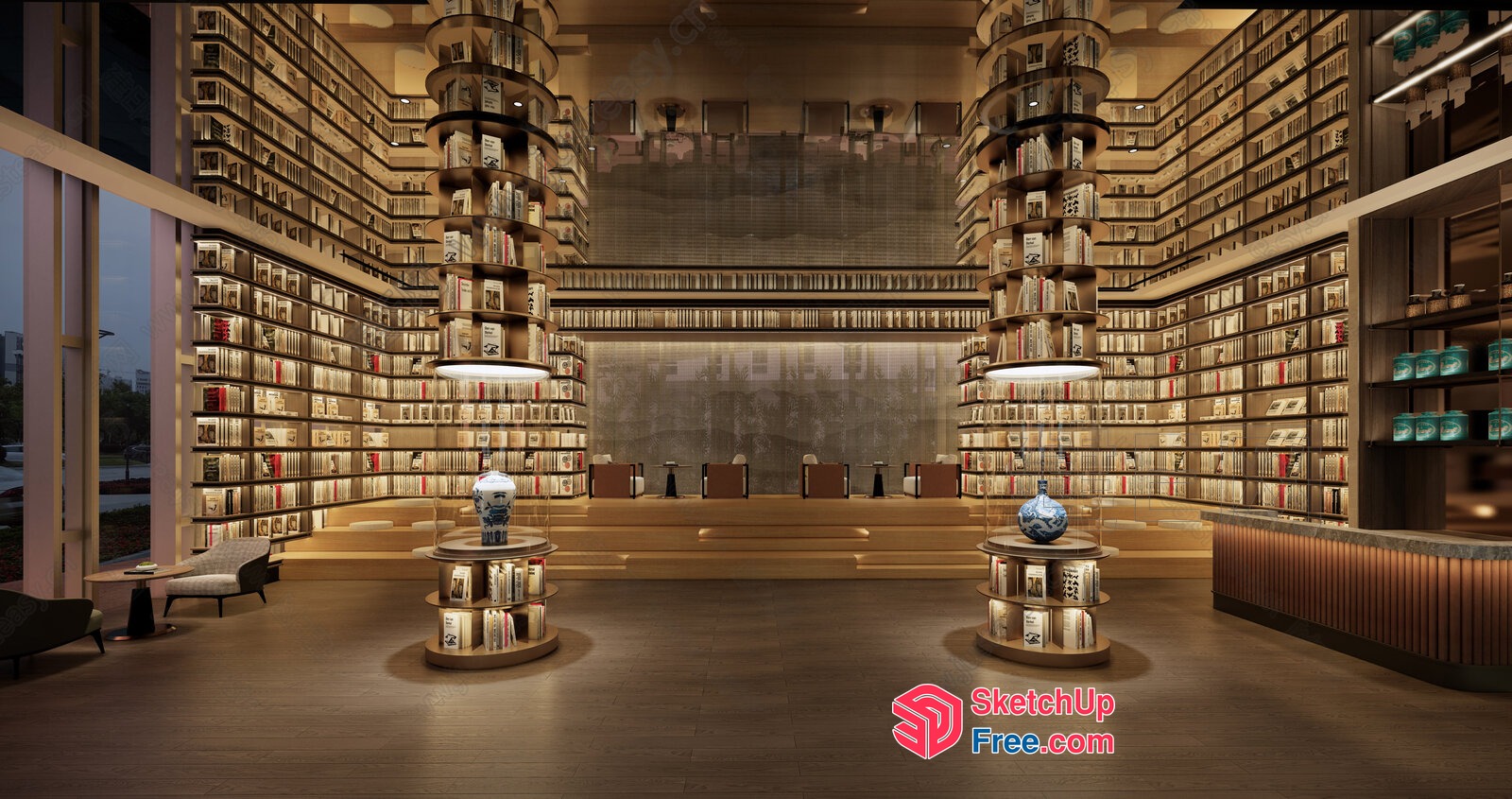 Modern Library Interior With Staircase And Bookshelves 3D SketchUp File