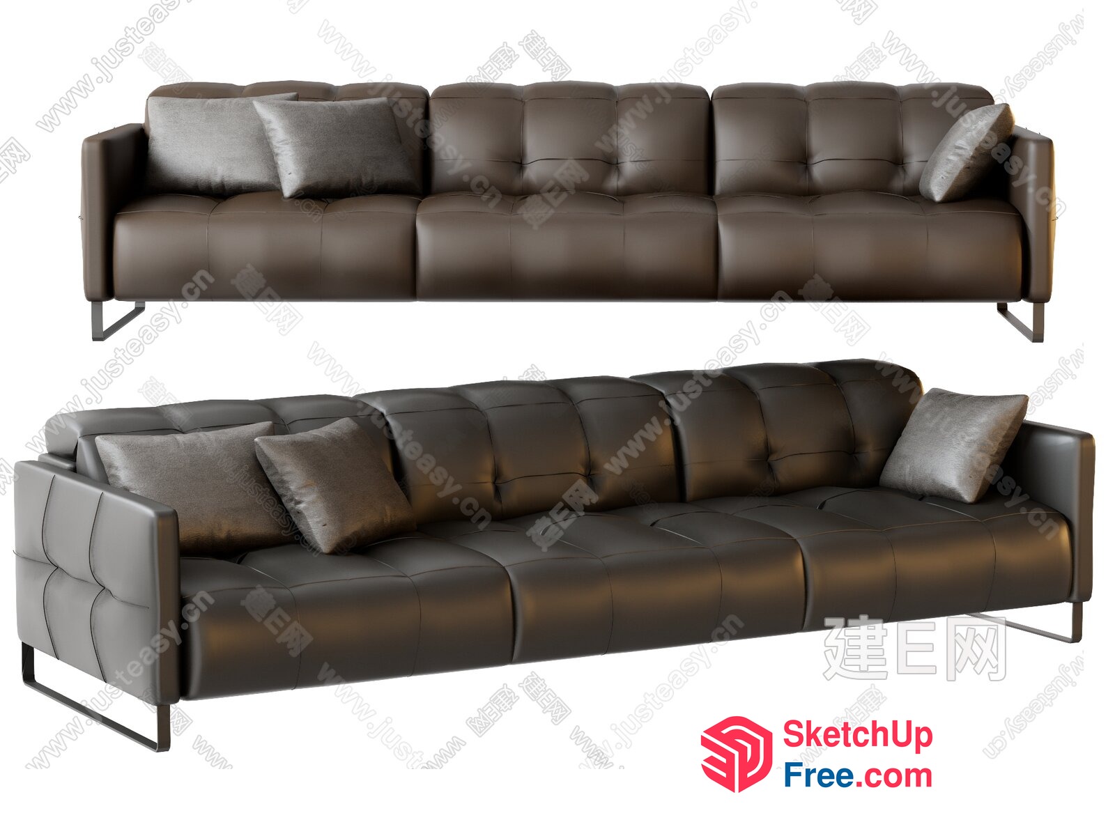 Dark Brown Leather Sofa With Pillows 3D SketchUp File