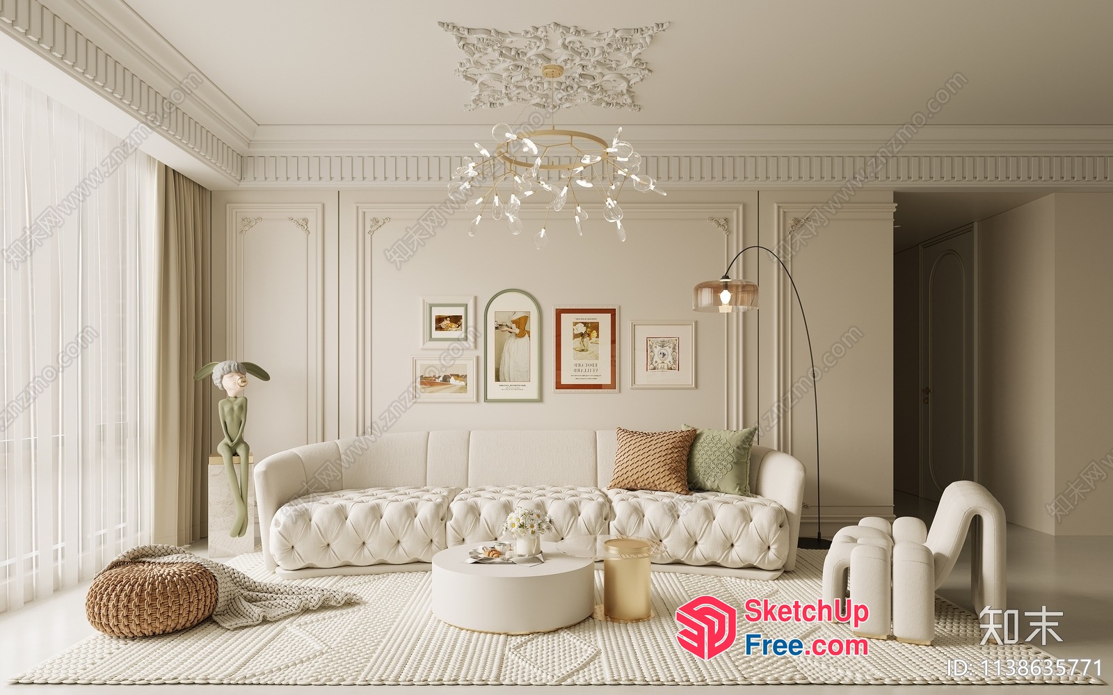 Elegant And Sophisticated Creamy Style Living Room 3D SketchUp File