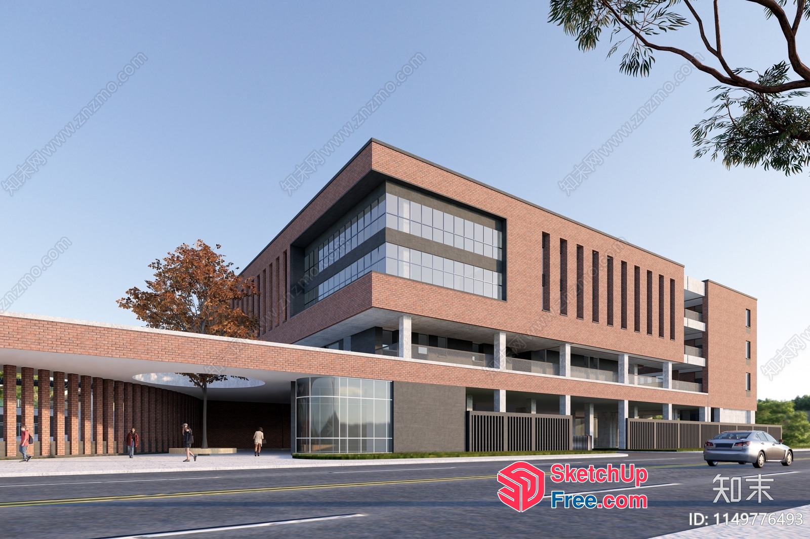 Modern Brick Building Exterior With Glass Windows 3D SketchUp File