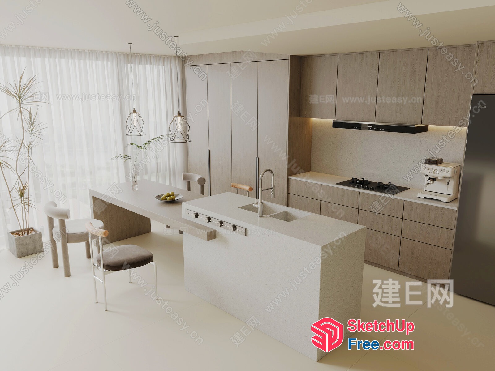 Modern Kitchen With White Island And Wood Cabinets 3D SketchUp File