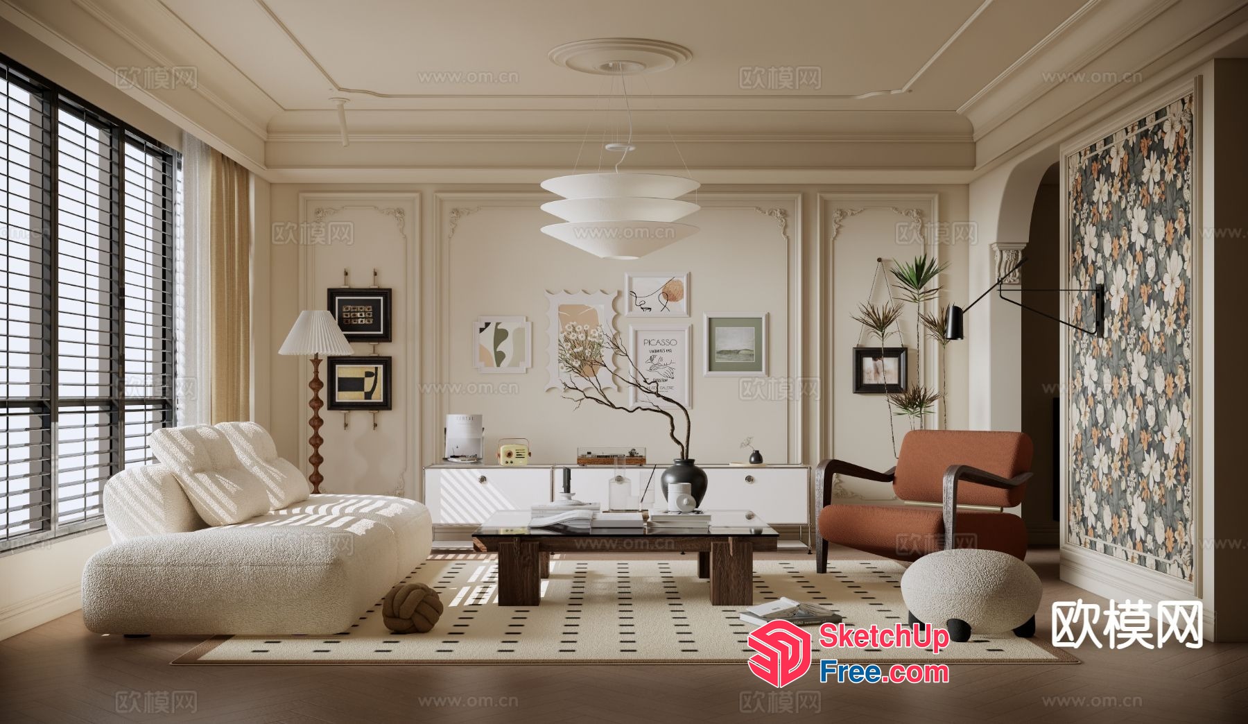 Elegant And Modern Living Room With Creamy Style 3D SketchUp File