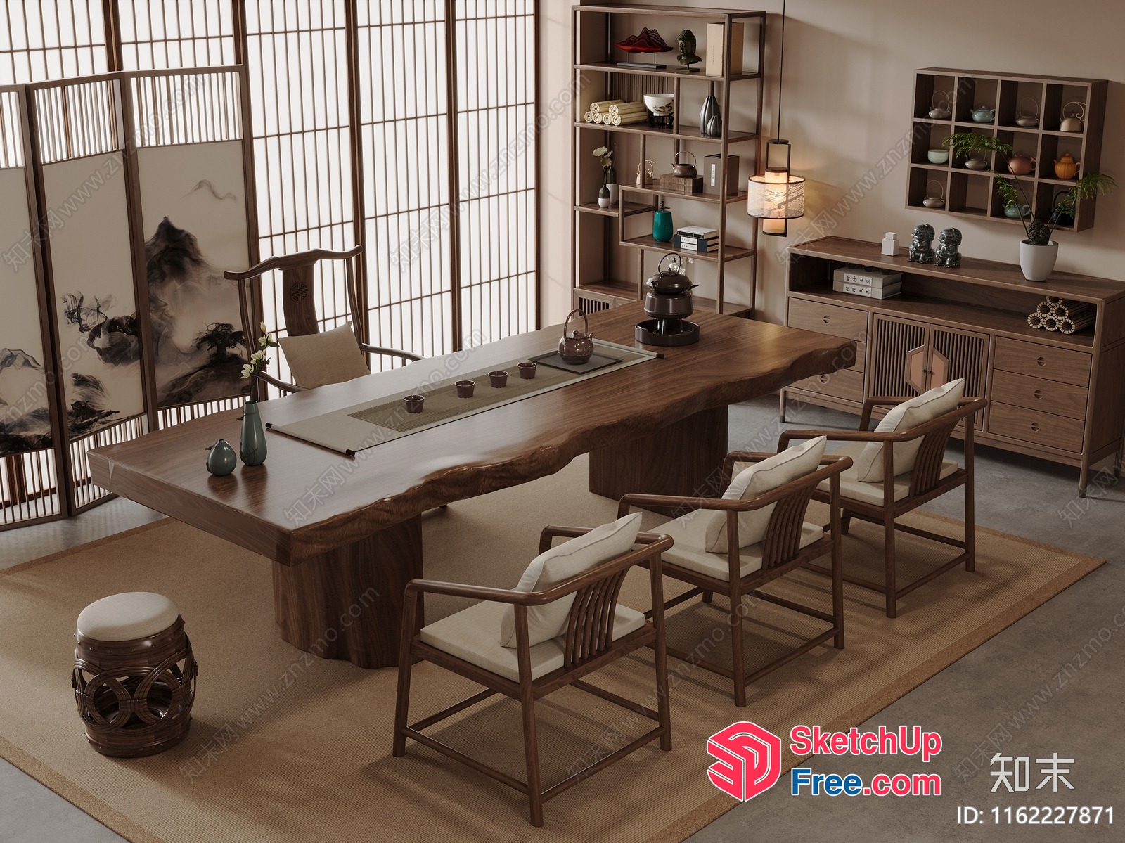 Modern Japanese-Inspired Living Room With Natural Wood Accents 3D SketchUp File