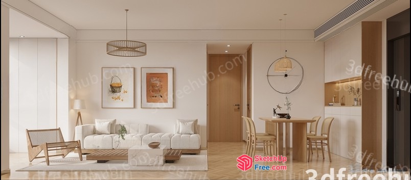 Elegant And Modern Minimalist Japanese-Style Living Room 3D SketchUp File