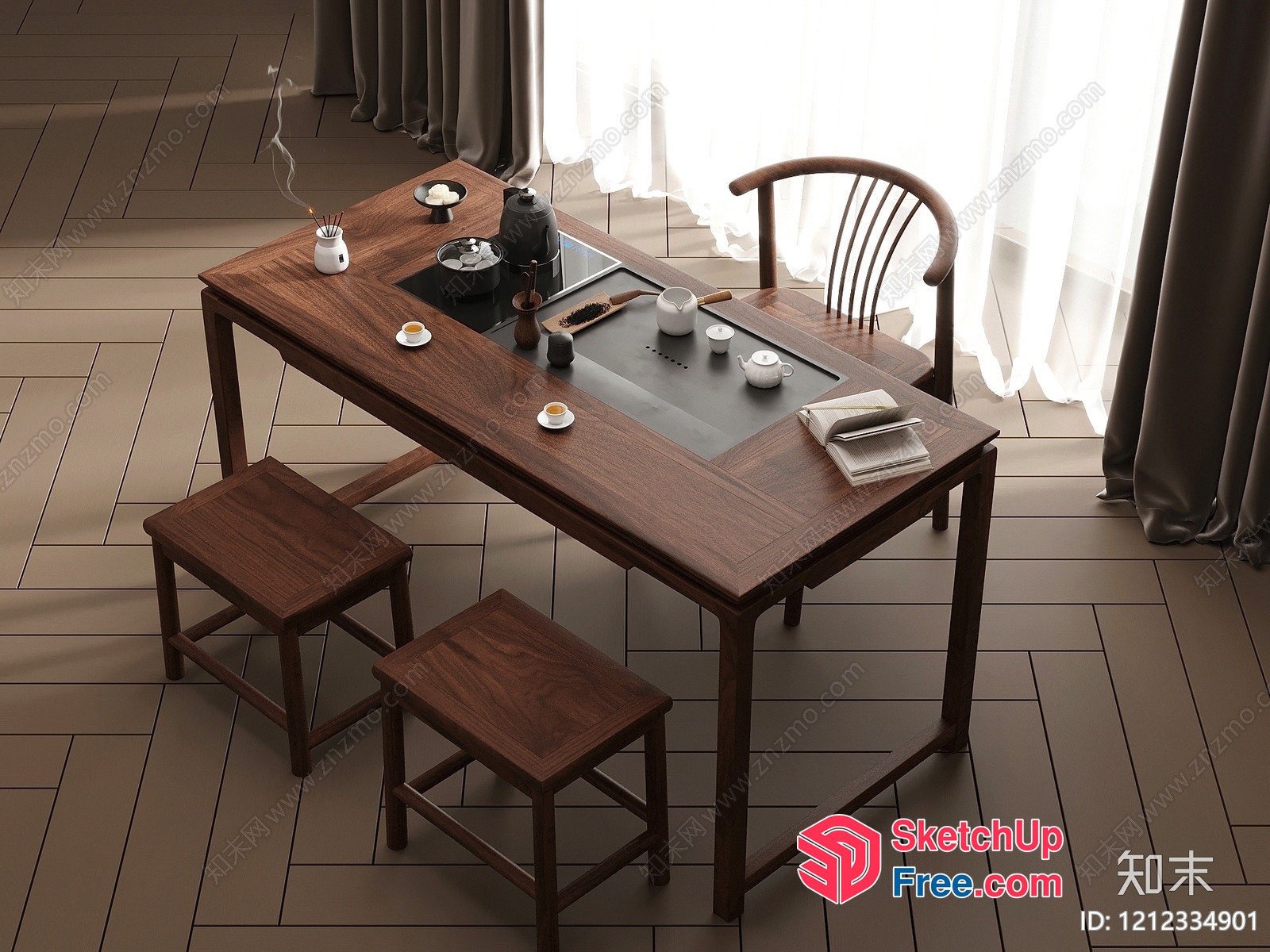 Wooden Tea Table And Stools 3D SketchUp File