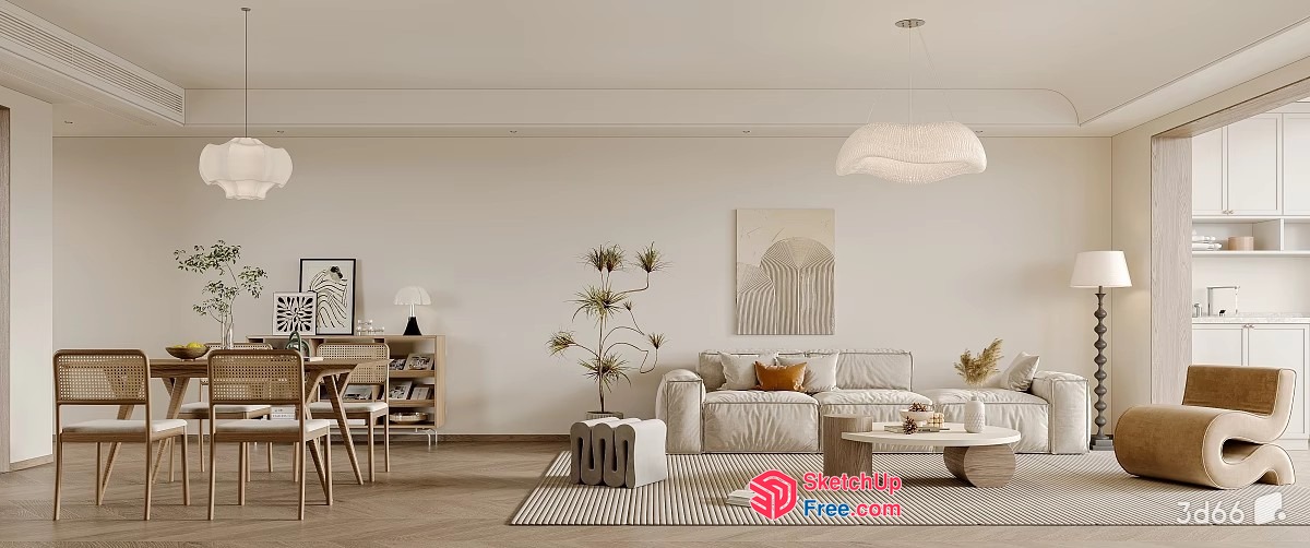Minimalist Style Living Room With Creamy Decor 3D SketchUp File